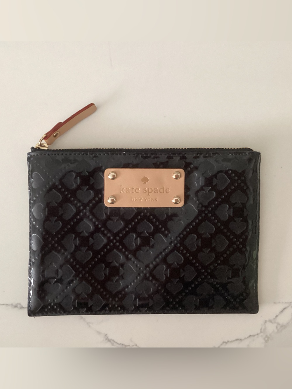 kate spade Black Patent Leather Zip Wallet with Gold Plaque